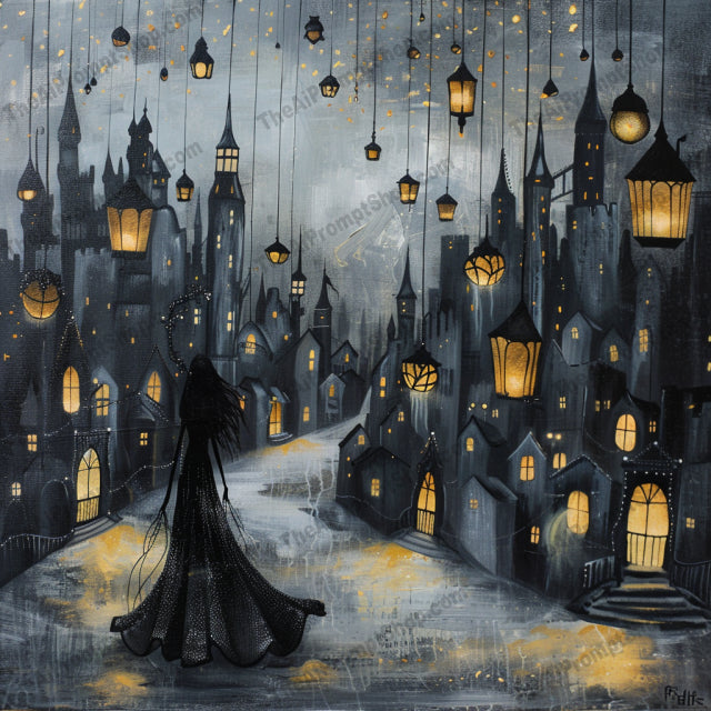 Mysterious Lantern-Lit City AI MidJourney Image Prompt, 8928 Animation & Cartoons, midjourney, mysterious, lanterns, cityscape, fantasy, dark, night, castle, silhouette, cloaked figure, floating lights, enchanting, mesmerizing, pathways, fantasy city, magical, nighttime, whimsical, dreamlike, gothic, moody, Midjourney, Ai, Ai Image Prompt, Image Prompt, Prompt