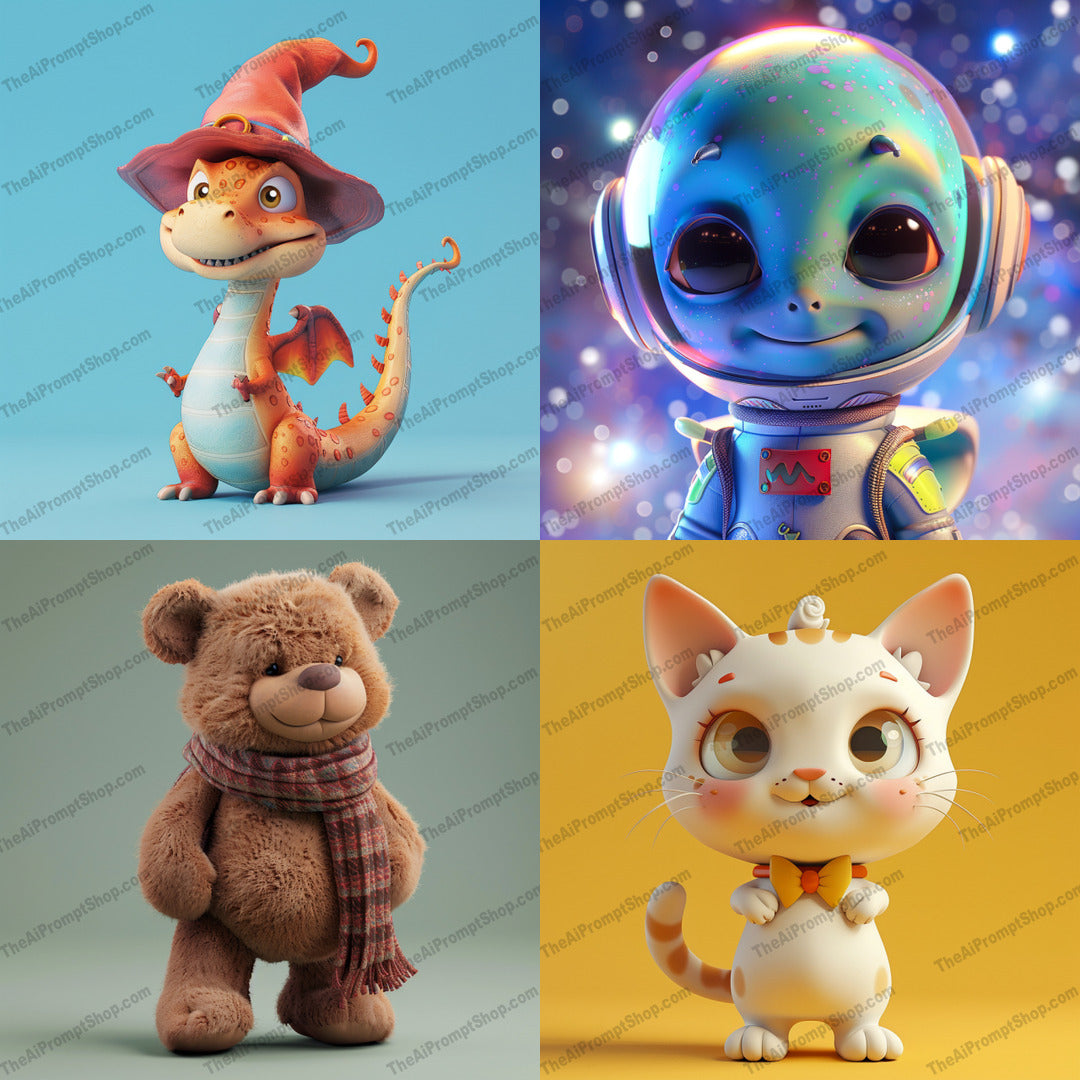 Cute Character Artwork AI MidJourney Image Prompt, 9605 — This image features adorable and charming 3D character designs, showcasing a delightful dragon in a… — cover image