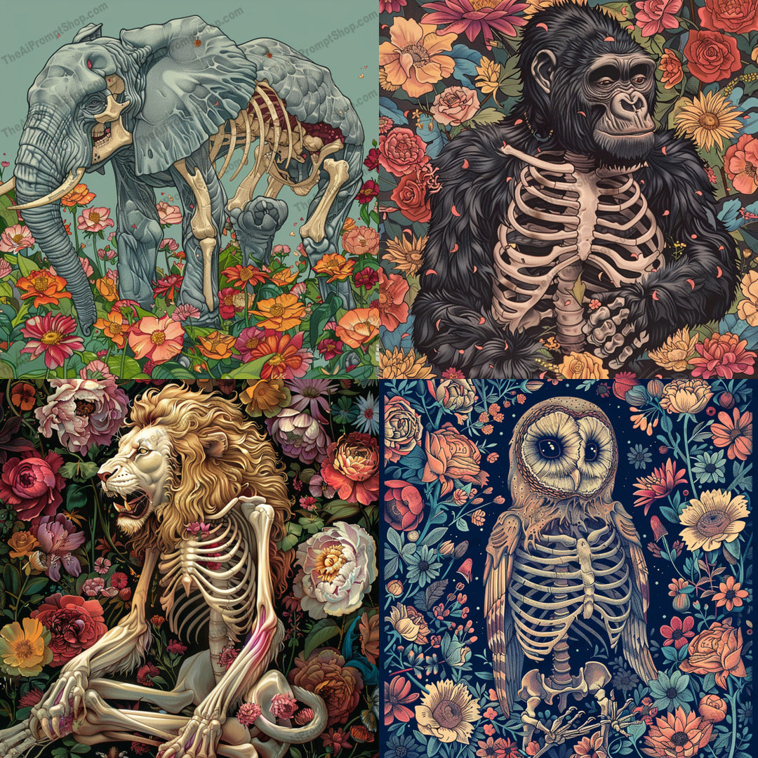 Floral Skeleton Animal Art AI MidJourney Image Prompt, 8675 Animals, midjourney, floral, skeleton, animal, art, illustration, vibrant, colorful, detailed, whimsical, anatomical, nature, fantasy, decorative, unique, creative, flowers, animals with flowers, nature illustration, skeleton art, fantasy art, Midjourney, Ai, Ai Image Prompt, Image Prompt, Prompt