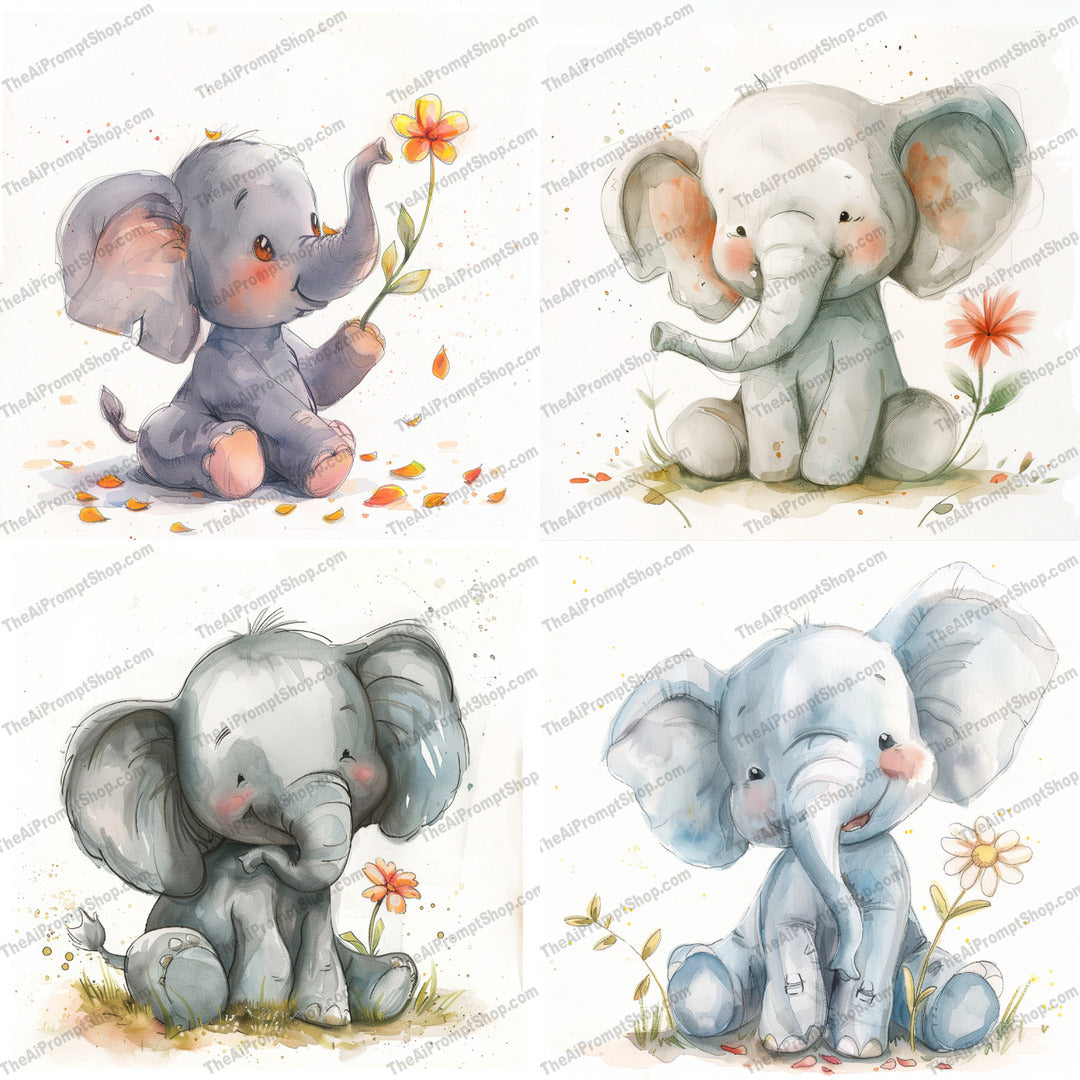 Cute Baby Elephant AI MidJourney Image Prompt, 8668 adorable animal, Ai, Ai Image Prompt, animal art, Animals, baby animal, baby elephant, children's illustration, cute elephant, delicate illustration, dreamy art, elephant with flower, endearing pose, Image Prompt, innocent expression, joyful art, kids art, lovely painting, midjourney, nursery decor, pastel colors, playful elephant, Prompt, soft colors, watercolor elephant, whimsical art