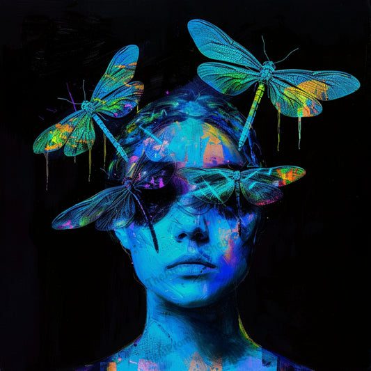 Neon artistic portraits created from an AI image prompt.