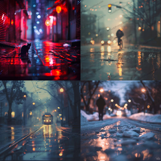 Moody Urban Nights AI MidJourney Image Prompt, 9010 Landscapes & Paintings, midjourney, moody, urban, night, city, streets, neon lights, reflection, wet streets, bokeh, quiet, serene, atmospheric, high-resolution, pavement, evening, soft lights, tranquil, rainy, nightlife, urban beauty, Midjourney, Ai, Ai Image Prompt, Image Prompt, Prompt