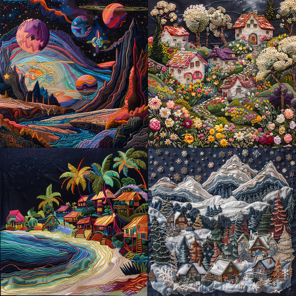 Whimsical landscape embroidery illustration in a vintage-inspired style created from an AI image prompt.