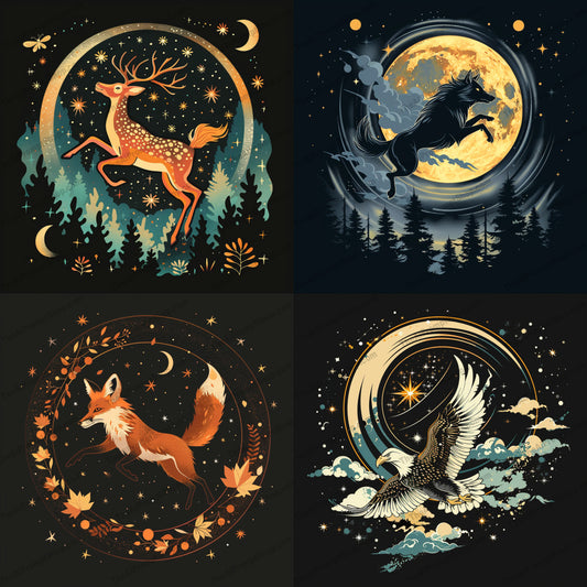 Celestial Animal Illustrations AI MidJourney Image Prompt, 8764 Animals, midjourney, celestial, animal, illustration, starry sky, night, dream-like, detailed, ethereal, magical, deep blues, golds, whites, deer, wolf, fox, eagle, nature, moon, stars, forest, fantasy, Midjourney, Ai, Ai Image Prompt, Image Prompt, Prompt