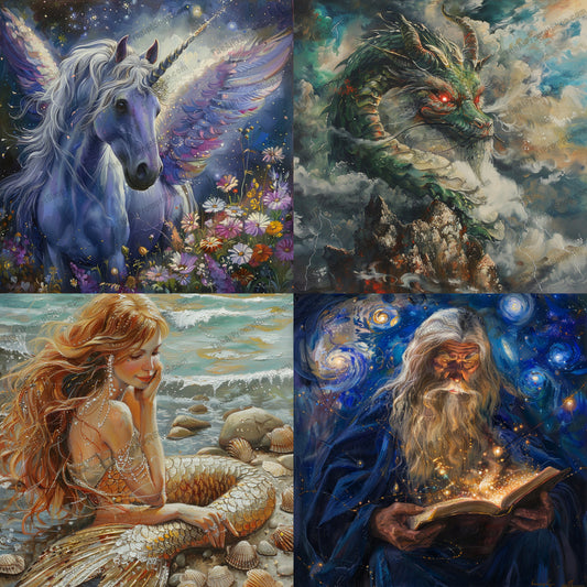 Fantasy Artwork AI MidJourney Image Prompt, 9659 Fantasy, midjourney, fantasy, unicorn, dragon, mermaid, wizard, mythology, magic, mystical, adventure, painting, artwork, imagination, dreamlike, enchanted, nature, creatures, beach, ocean, stars, constellations, Midjourney, Ai, Ai Image Prompt, Image Prompt, Prompt