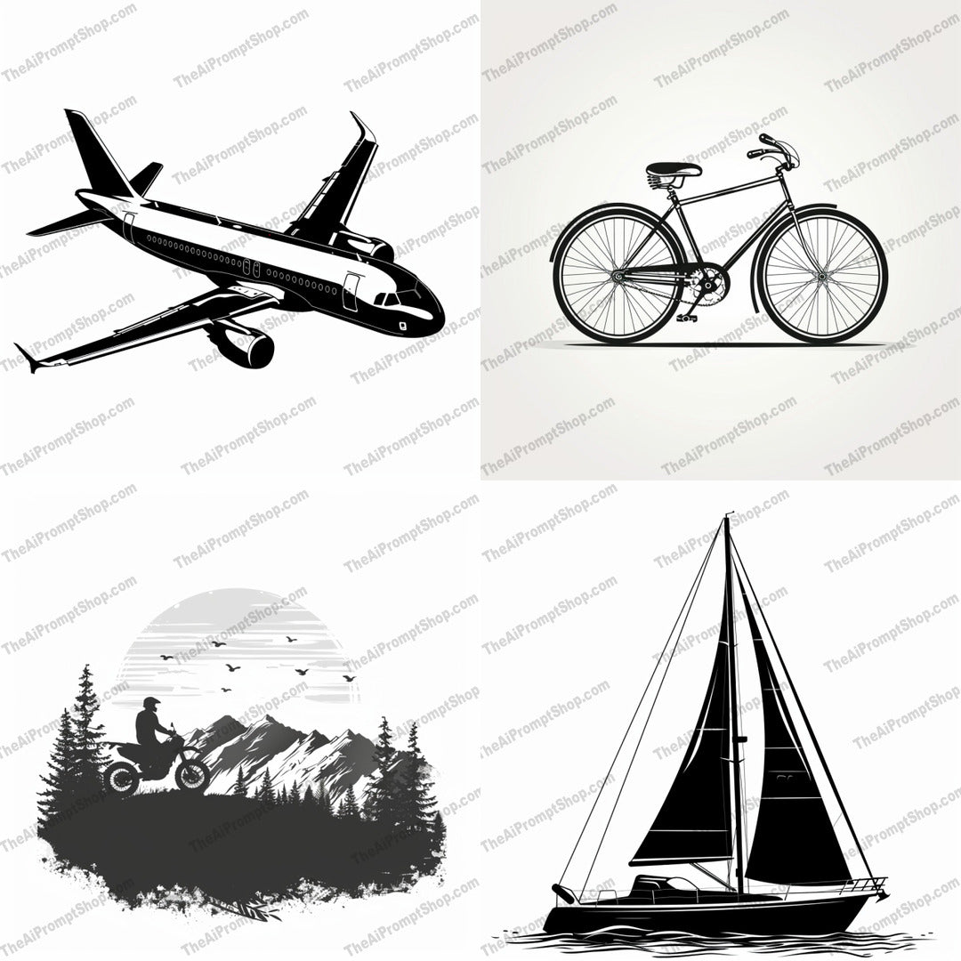 Vintage Style Travel Illustrations AI MidJourney Image Prompt, 9131 Animation & Cartoons, midjourney, vintage, travel, airplane, bicycle, sailboat, motorbike, scenic, landscape, black and white, illustration, line work, nostalgic, retro, art, detailed, nature, transportation, outdoor, adventure, classic, Midjourney, Ai, Ai Image Prompt, Image Prompt, Prompt