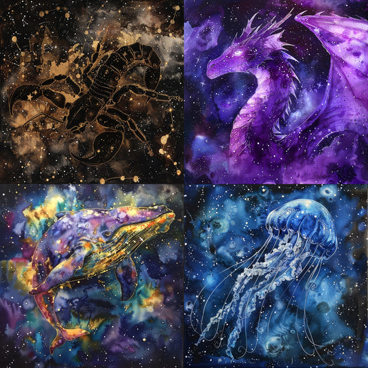 Cosmic Fantasy Creatures AI MidJourney Image Prompt, 8840 Animals, midjourney, cosmic, fantasy, lobster, dragon, whale, jellyfish, space, majestic, galactic, celestial, ethereal, artwork, colors, sparkling, starry, creatures, artistic, blend, elements, mesmerizing, Midjourney, Ai, Ai Image Prompt, Image Prompt, Prompt