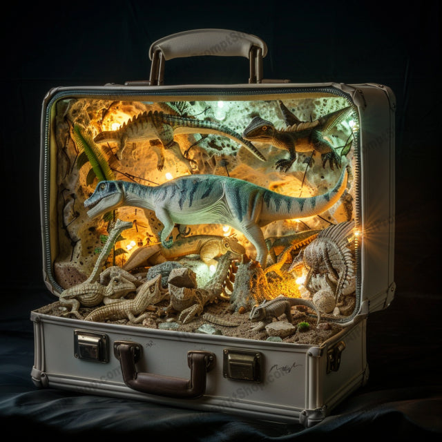 Mysterious World in Suitcases AI MidJourney Image Prompt, 8895 Landscapes & Paintings, midjourney, mysterious, suitcase, magical world, ancient artifacts, aquatic life, dinosaurs, prehistoric, books, light effects, wonder, adventure, journey, fantasy, travel, imagination, curiosity, exploration, creativity, mystery, enchanted, unique, Midjourney, Ai, Ai Image Prompt, Image Prompt, Prompt