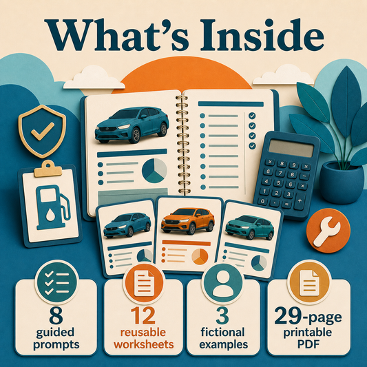 Car Affordability & True Ownership Cost Workbook contents showing 8 guided prompts and 12 reusable worksheets