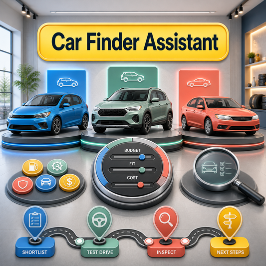 Bright Car Finder Assistant cover showing three unbranded vehicle options, Budget-Fit-Cost comparison controls, an inspection magnifier, ownership tokens, and a Shortlist-to-Next Steps route.