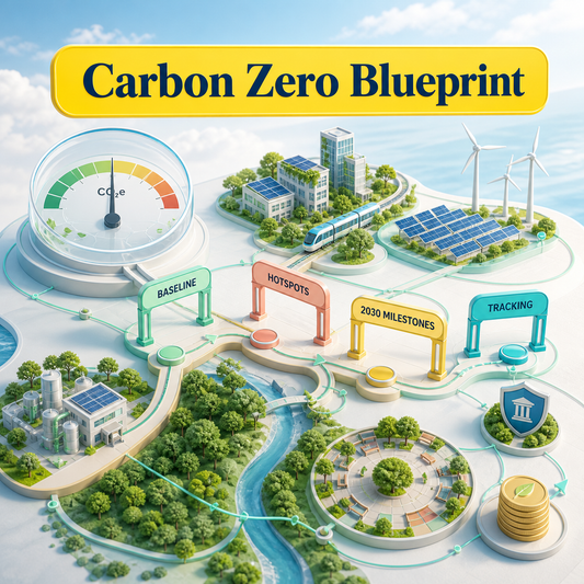 Bright Carbon Zero Blueprint cover showing a carbon meter, connected sustainability landscape, baseline and hotspot gates, 2030 milestone path, tracking marker, governance shield, and funding symbol.