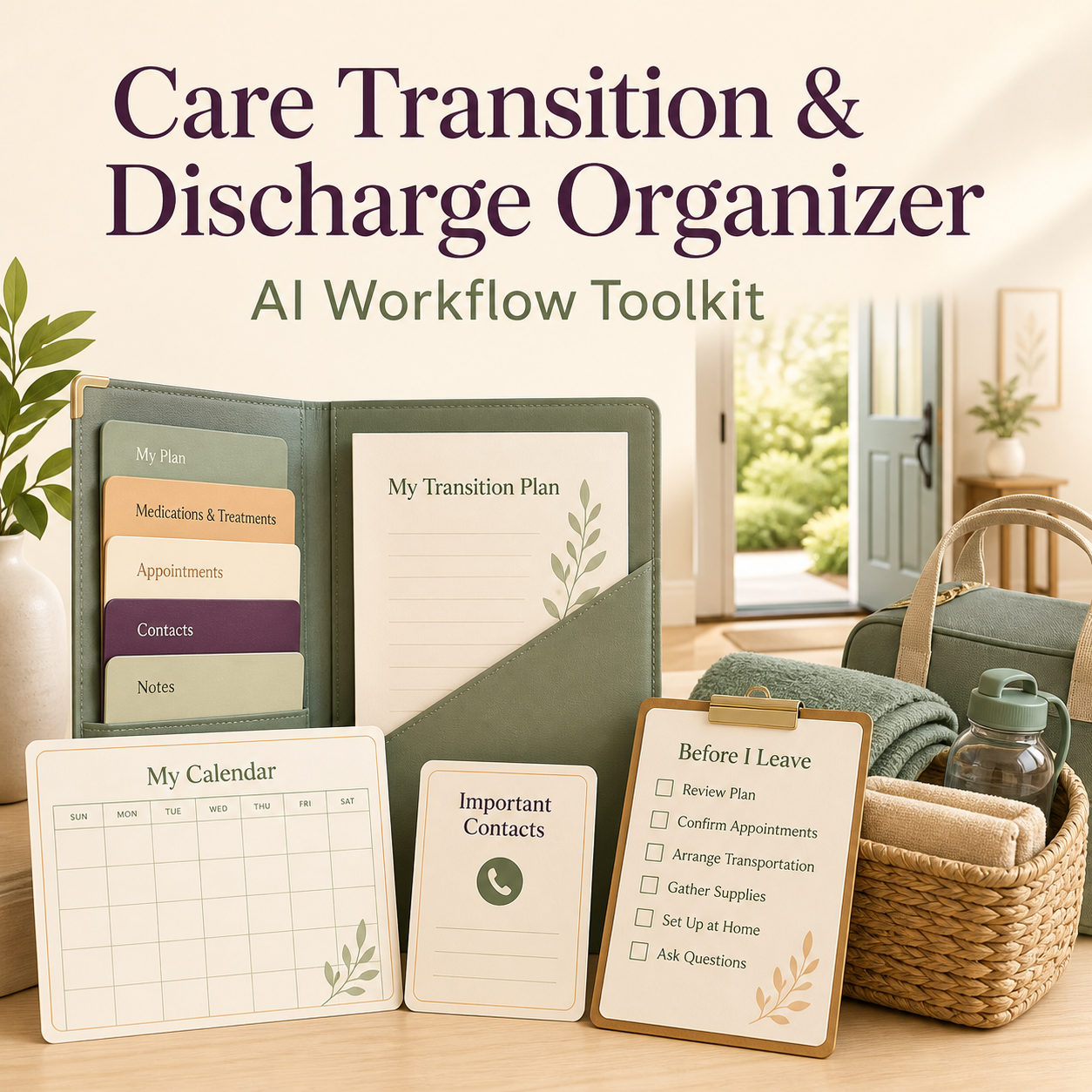 Care Transition and Discharge Organizer AI Workflow Toolkit cover with transition folder and home planning materials