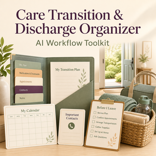 Care Transition and Discharge Organizer AI Workflow Toolkit cover with transition folder and home planning materials