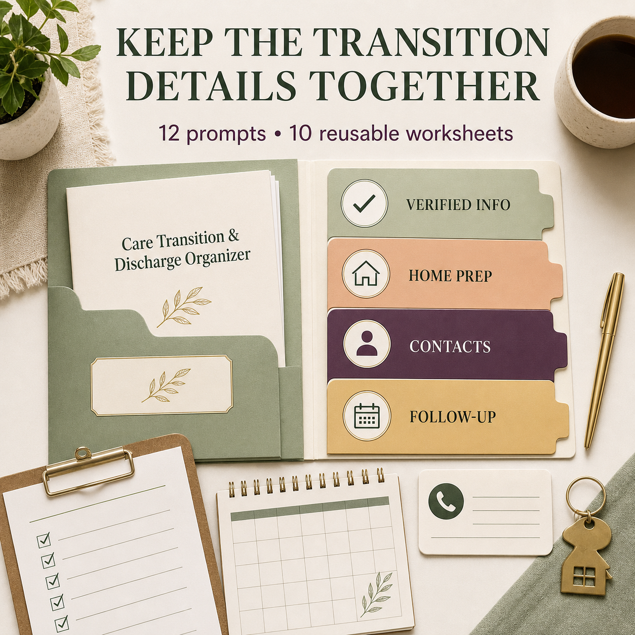 Care Transition and Discharge Organizer sections for verified information, home preparation, contacts, and follow-up