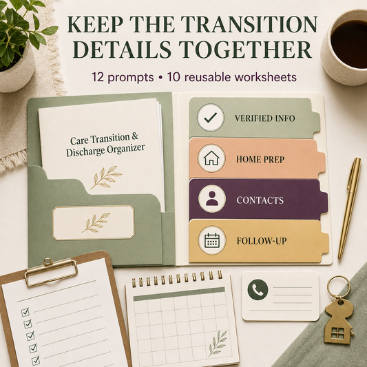 Care Transition and Discharge Organizer sections for verified information, home preparation, contacts, and follow-up