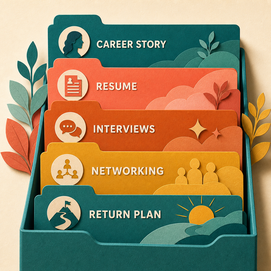 Career Gap Comeback contents covering career story, resume, interviews, networking, and return planning.