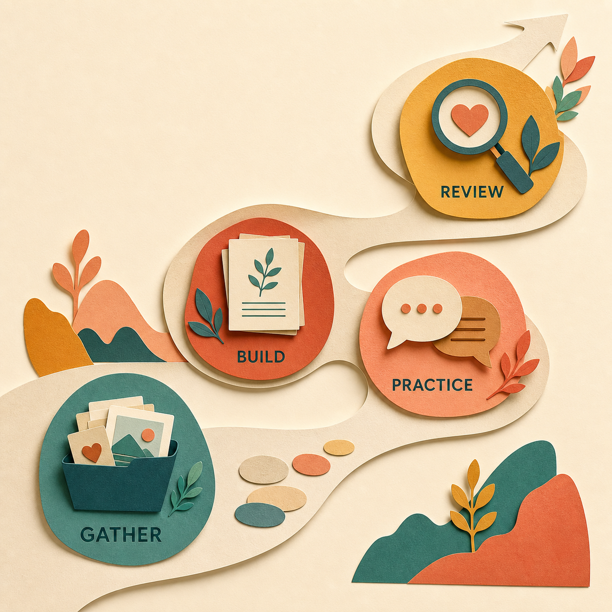 Career Gap Comeback method for gathering experience, building a story, practicing, and reviewing.