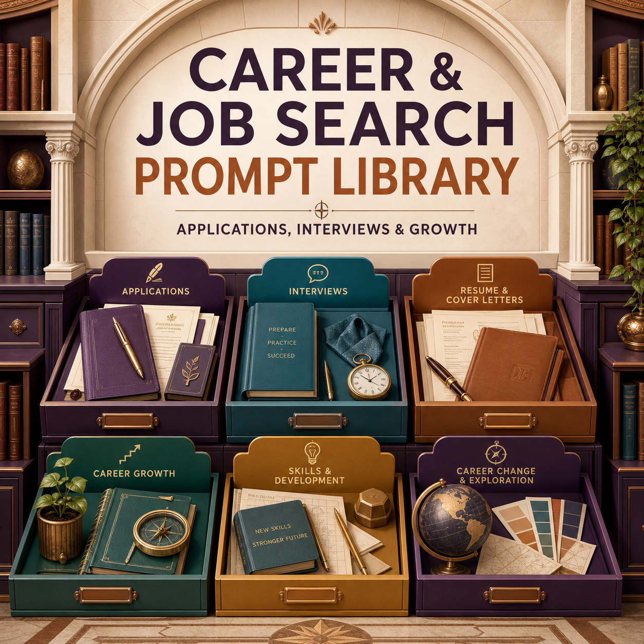 Career & Job Search Prompt Library | Applications, Interviews & Growth cover with categorized career prompt drawers