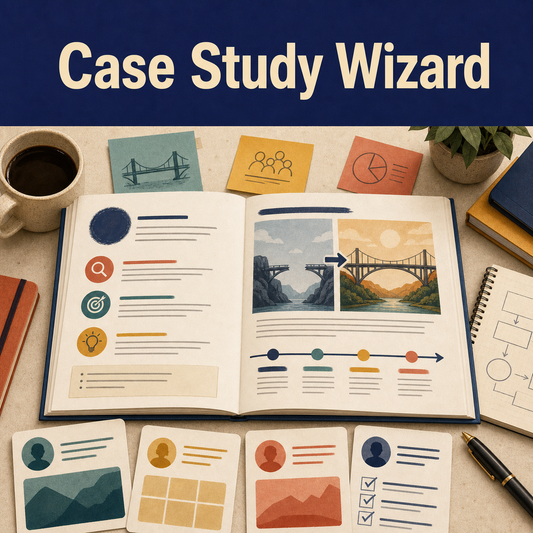Case study storytelling workspace with anonymized evidence cards, a before-and-after bridge, report sections, timeline, and lessons icon.