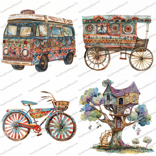 Bohemian Vehicles and Treehouse AI MidJourney Image Prompt, 9055 Animation & Cartoons, midjourney, bohemian, retro van, vintage wagon, bicycle, treehouse, colorful, whimsical, artistic, detailed, intricate patterns, vibrant colors, hippie style, boho, hand-painted, fantasy, magical, decorative, unique, imaginative, creative, Midjourney, Ai, Ai Image Prompt, Image Prompt, Prompt