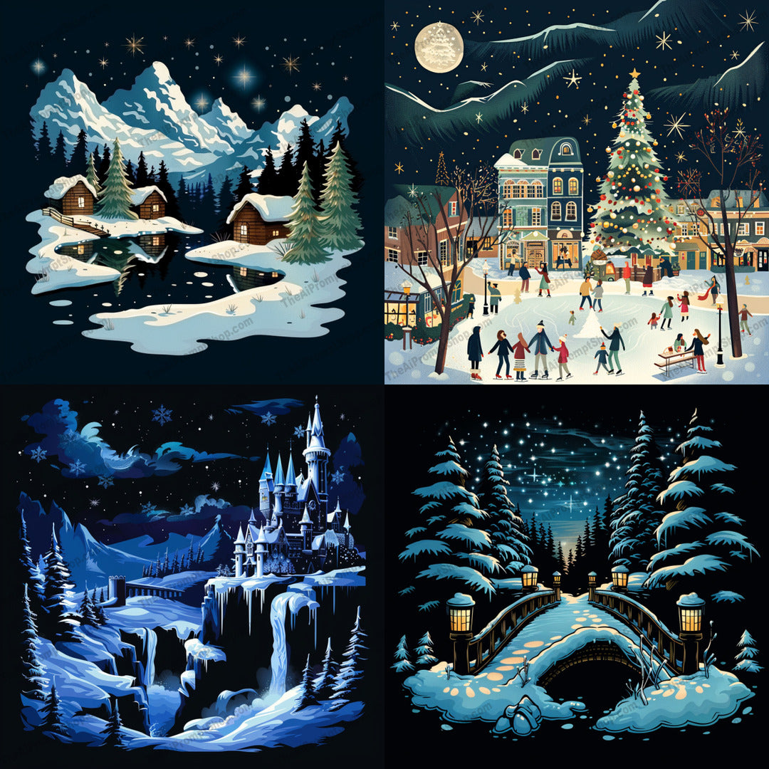 Winter Wonderland AI MidJourney Image Prompt, 9014 Landscapes & Paintings, midjourney, winter, wonderland, snow, cabin, ice rink, castle, bridge, night sky, stars, holiday, christmas, festive, landscape, illustration, digital art, snowy scene, cozy, enchanted, magical, serene, Midjourney, Ai, Ai Image Prompt, Image Prompt, Prompt