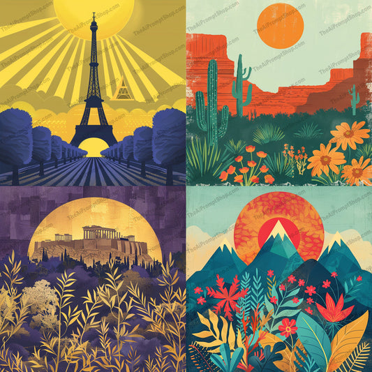 Scenic Landmark Illustrations AI MidJourney Image Prompt, 9510 Landscapes & Paintings, midjourney, scenic, landmarks, illustration, vibrant, bold colors, geometric patterns, travel art, nature art, Eiffel Tower, desert, cacti, flowers, Acropolis, mountains, sunset, landscape, modern art, stylized, artistic, decorative, Midjourney, Ai, Ai Image Prompt, Image Prompt, Prompt