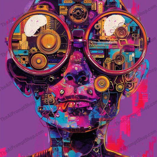 Colorful Futuristic Portrait with Large Glasses AI MidJourney Image Prompt, 9281 Futuristic, midjourney, futuristic, cyberpunk, portrait, vibrant, colorful, glasses, highly detailed, cyborg, creative, imaginative, unique, digital art, technology, sci-fi, exaggerated, artistic, modern, innovative, futuristic fashion, futuristic design, Midjourney, Ai, Ai Image Prompt, Image Prompt, Prompt