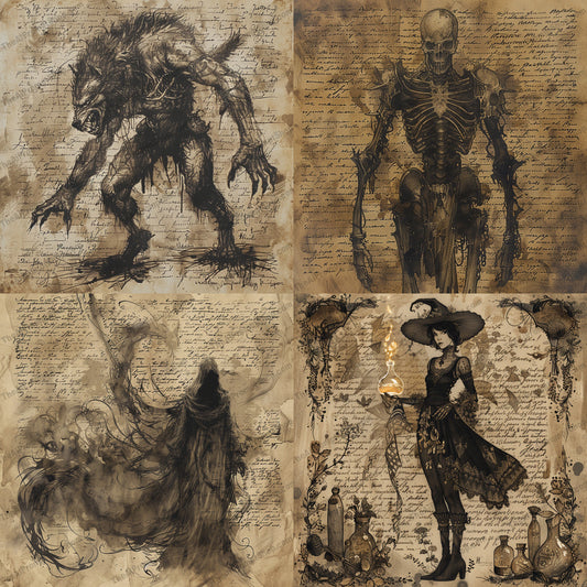 Dark Fantasy Creatures and Characters AI MidJourney Image Prompt, 9672 T Shirt Designs, midjourney, dark fantasy, vintage illustration, werewolf, skeleton warrior, witch, ghostly figure, supernatural, mystical, ancient parchment, handwritten script, creepy, eerie, mythical creatures, fantasy art, gothic, historical, alchemy, potions, dark magic, legendary beings, Midjourney, Ai, Ai Image Prompt, Image Prompt, Prompt