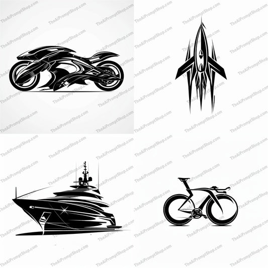 Futuristic Vehicle Designs AI MidJourney Image Prompt, 9084 Futuristic, midjourney, futuristic design, sleek style, modern aesthetics, motorcycle, rocket, yacht, bicycle, monochrome, black and white, vehicle designs, futuristic motorcycle, space rocket, luxury yacht, racing bicycle, minimalist design, technology, innovative, concept art, stylized vehicles, graphic art, Midjourney, Ai, Ai Image Prompt, Image Prompt, Prompt