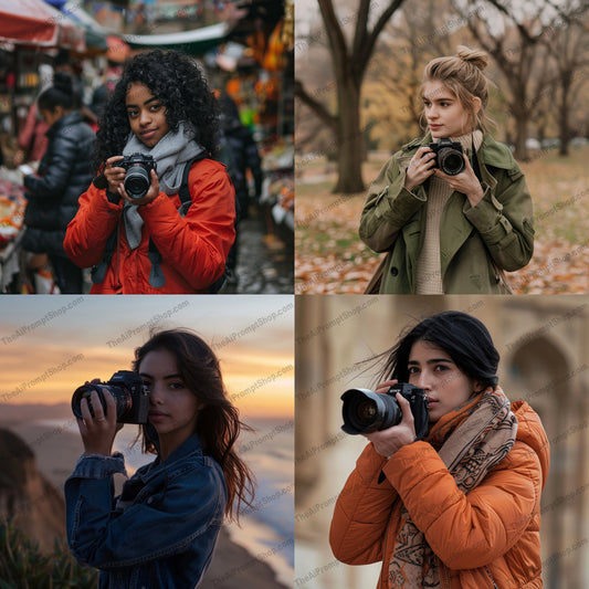 Photographers in Various Settings AI MidJourney Image Prompt, 9434 Portraits & People, midjourney, photography, photographers, camera, outdoors, nature, fall, scenery, landscape, travel, adventure, urban, market, park, autumn, sunset, shores, ocean, coast, hobby, art, passion, fashion, style, Midjourney, Ai, Ai Image Prompt, Image Prompt, Prompt