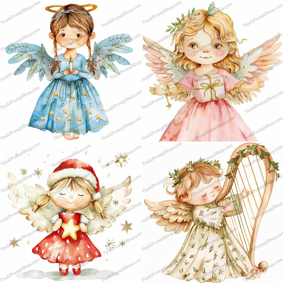 Angelic Illustrations AI MidJourney Image Prompt, 8865 Animals, midjourney, angel, illustration, whimsical, festive, adorable, angelic, cute, creative, style, artwork, design, holiday, charming, detailed, wings, costume, dress, theme, beautiful, harp, Midjourney, Ai, Ai Image Prompt, Image Prompt, Prompt