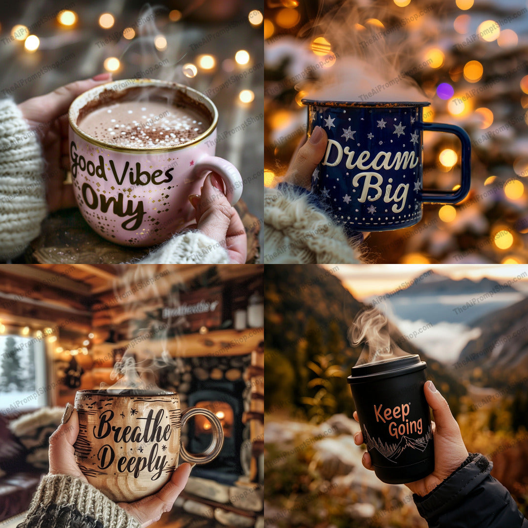 Cozy Motivational Mugs AI MidJourney Image Prompt, 8881 Animals, midjourney, motivational mug, cozy scene, fairy lights, warm ambiance, inspirational quotes, homely feel, comforting mug, positive vibes, serene atmosphere, hand holding mug, steaming hot drink, cabin interior, rustic charm, motivational quotes mug, relaxing mood, comfort drink, winter coziness, fireplace background, outdoor scene, motivational message, Midjourney, Ai, Ai Image Prompt, Image Prompt, Prompt