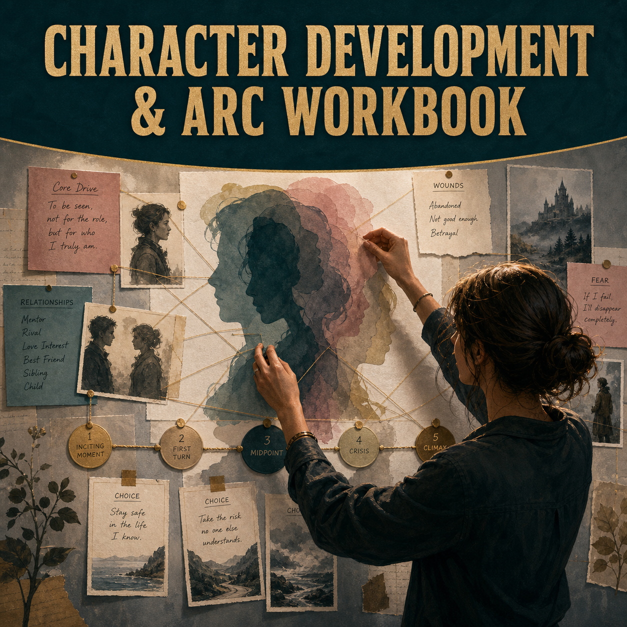 Character Development and Arc Workbook cover showing a writer mapping a layered character and turning points