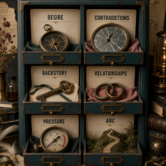 Character development areas for desire, contradictions, backstory, relationships, pressure, and arc