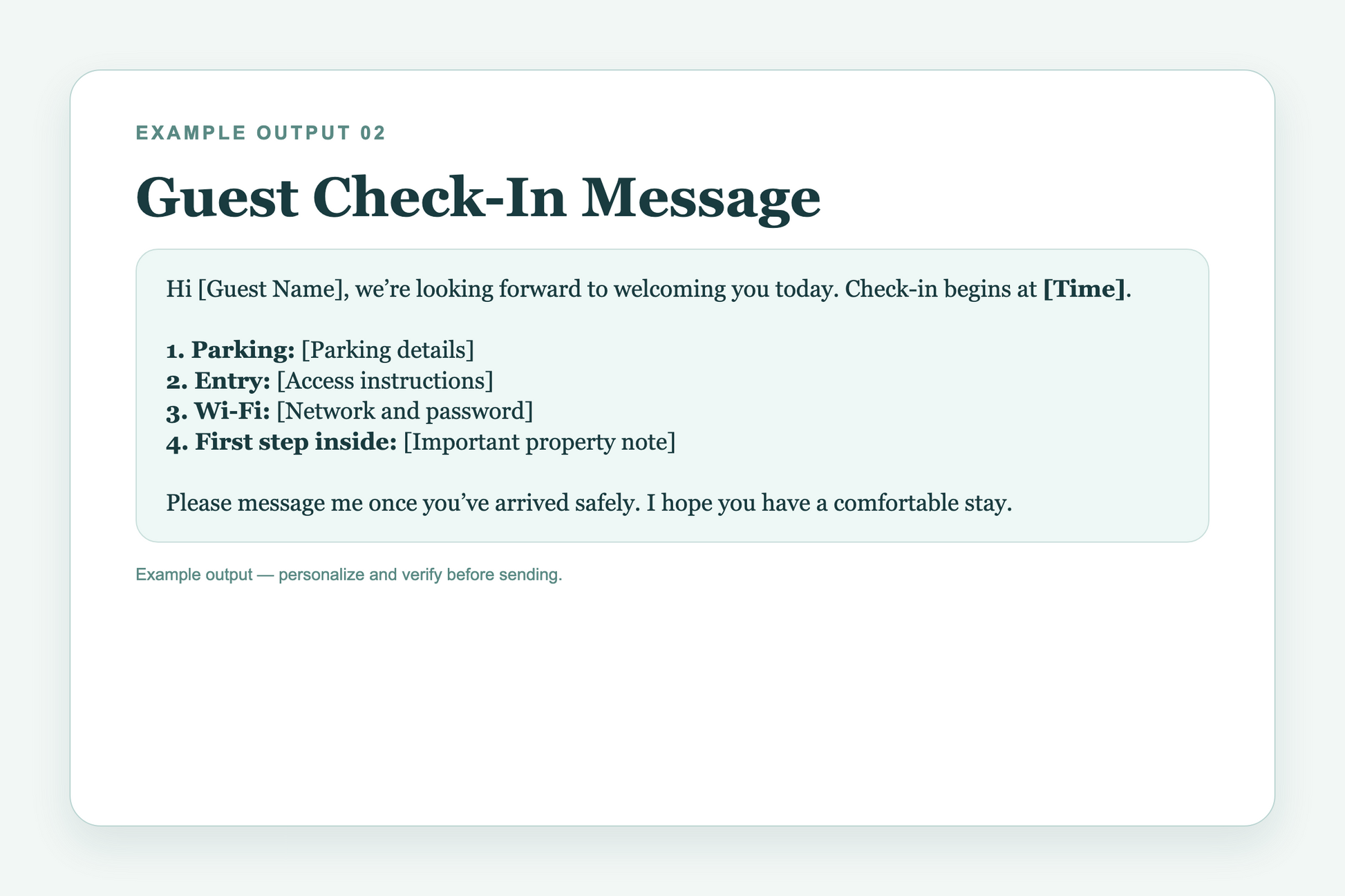 Expanded example vacation-rental guest check-in message created with the tool