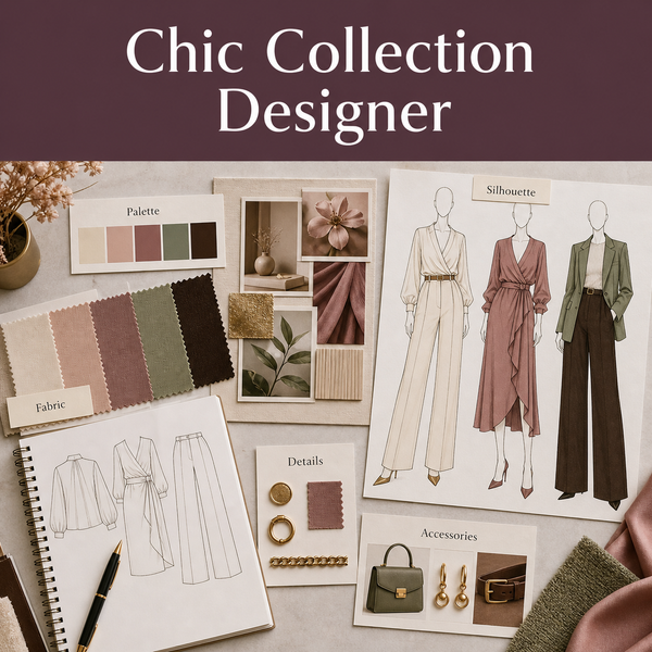 Fashion collection design guide for developing a cohesive palette, silhouettes, fabrics, styling details, and accessories.
