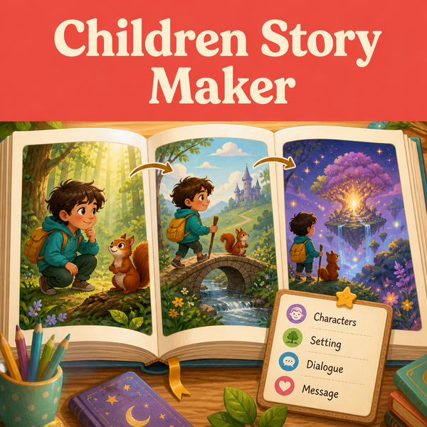 Illustrative children’s story creation scene showing characters, settings, dialogue, and a positive story message across picture-book scenes.