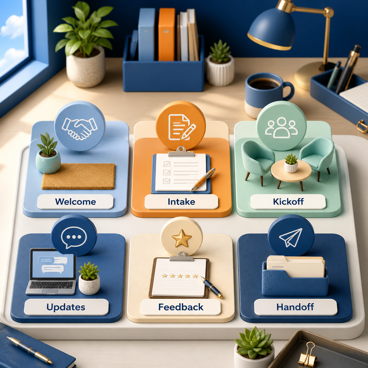 Client prompt topics including welcome, intake, kickoff, updates, feedback, and handoff