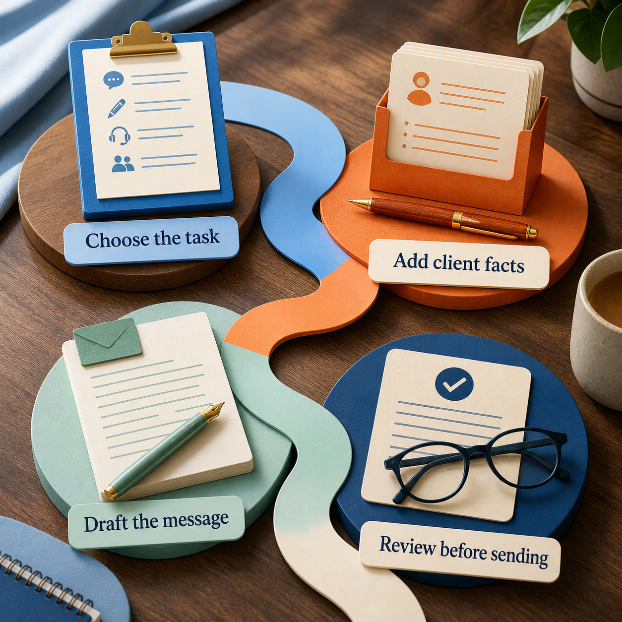 Client prompt method for choosing a task, adding facts, drafting, and reviewing before sending