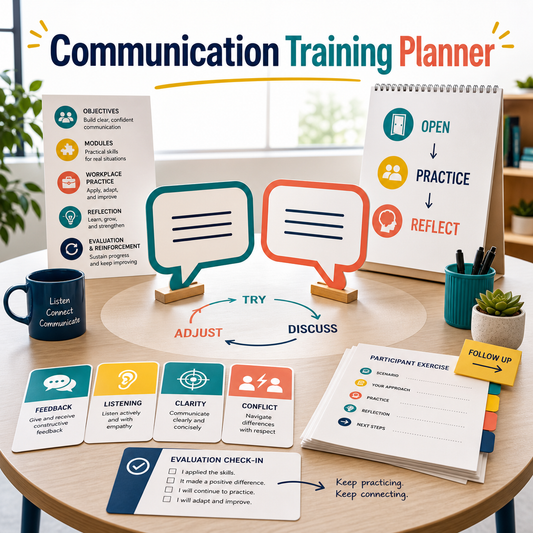 Communication Training Planner cover showing dialogue cards, objectives and modules, Open–Practice–Reflect flipchart, workplace scenarios, participant exercises, evaluation check-in, and follow-up loop.
