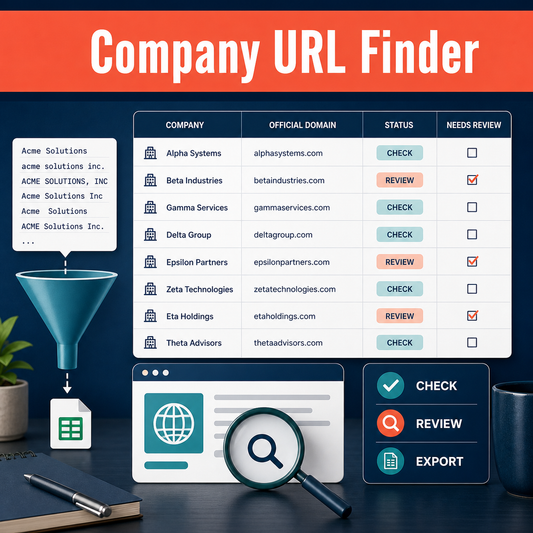 Company URL research workspace with organized domain rows, check-and-review statuses, and an export-ready list.