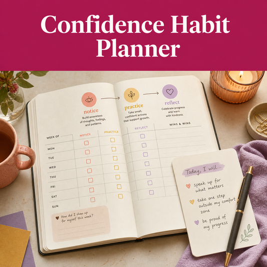 Illustrative confidence habit planning scene with weekly check-ins, small practice steps, and reflection prompts.