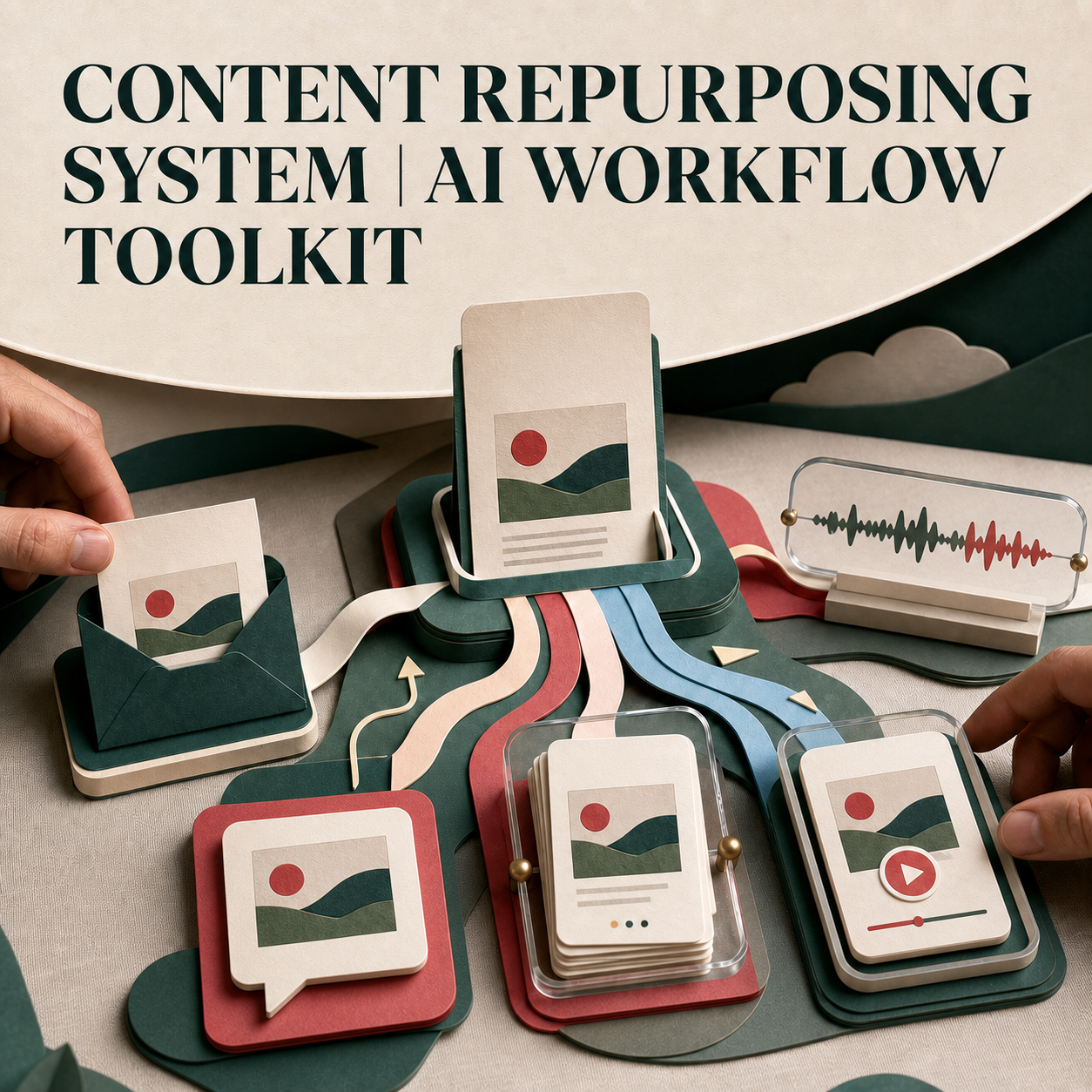 Content Repurposing System toolkit cover showing one approved source branching into multiple content formats
