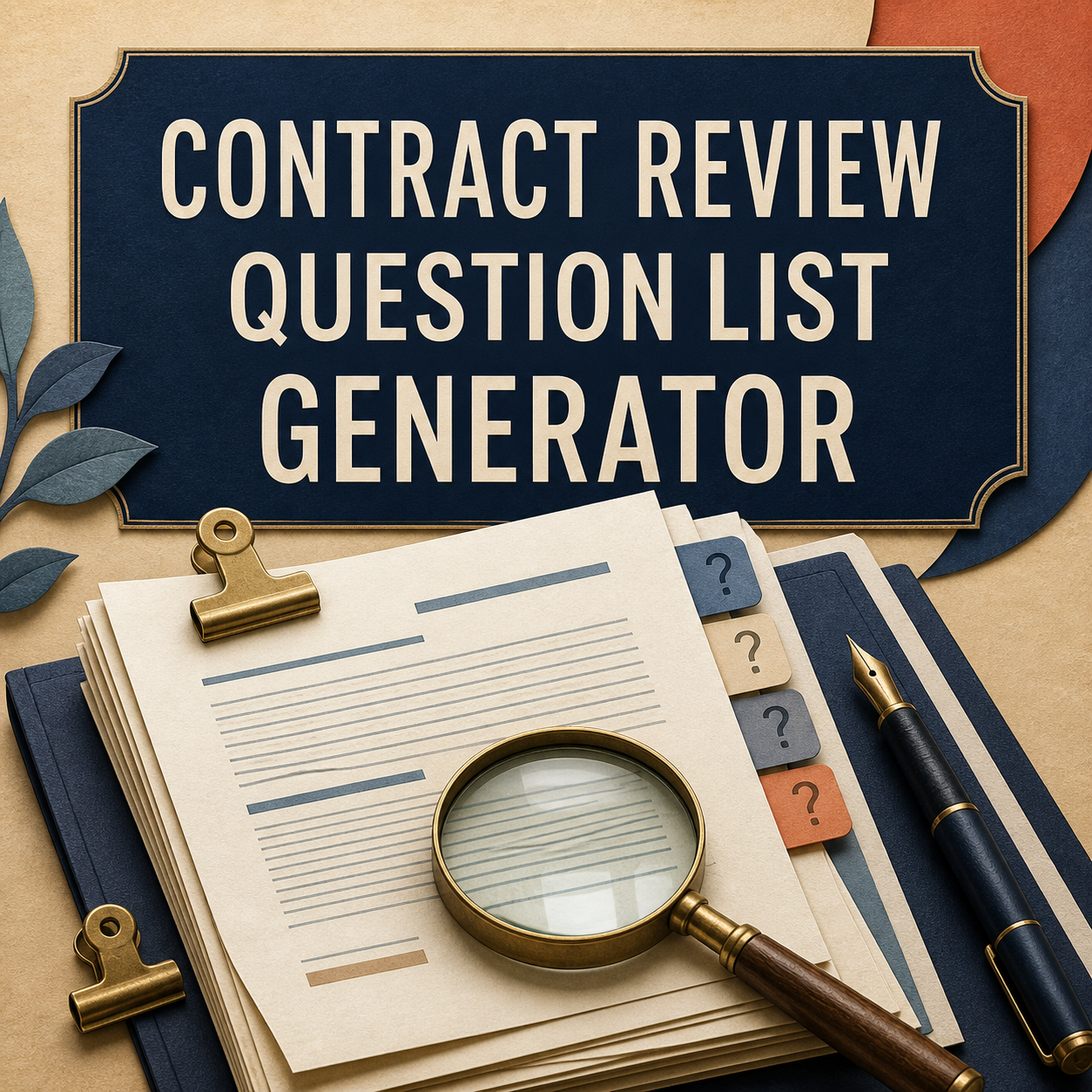 Contract Review Question List Generator cover with contract pages, question tabs, magnifying glass, and pen