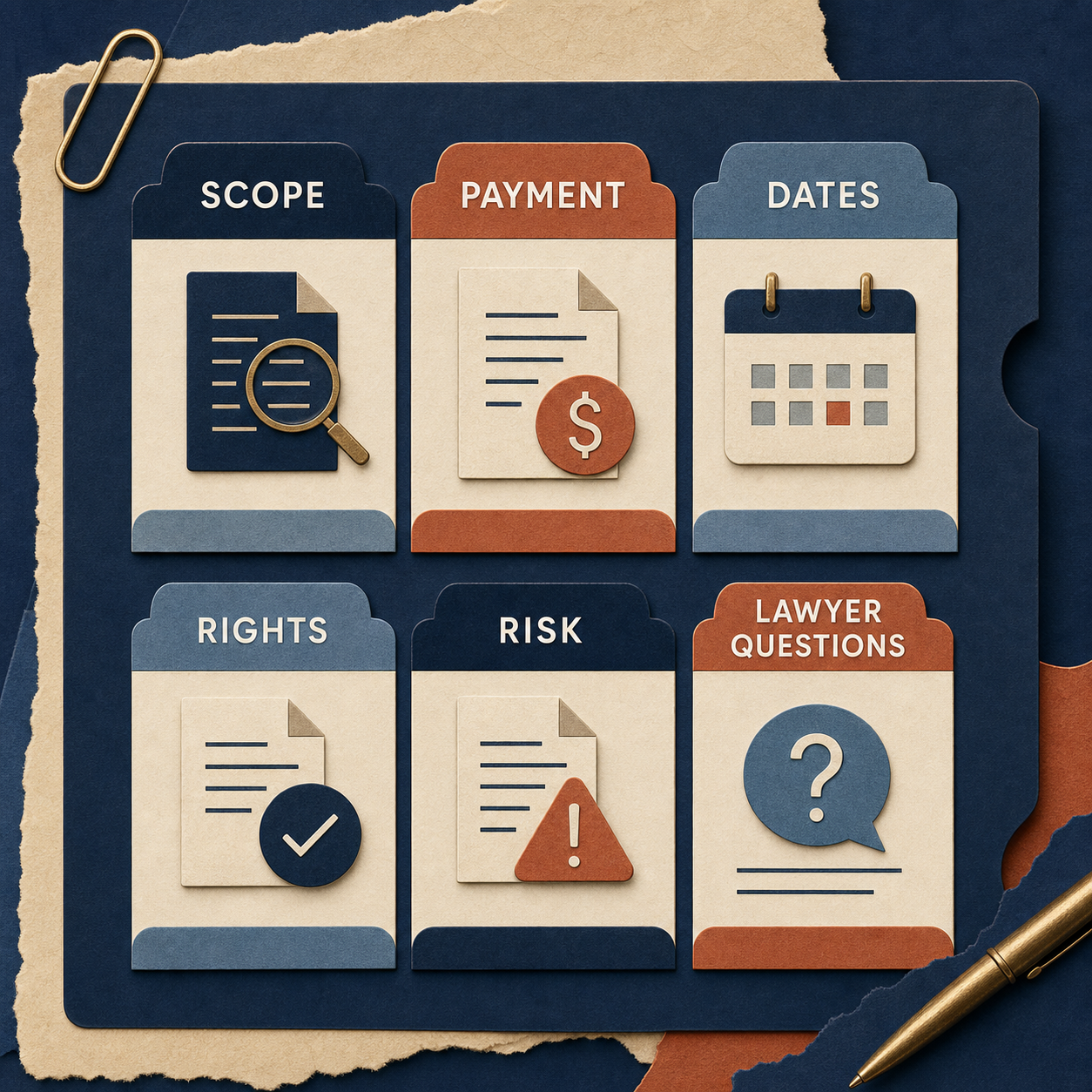 Contract Review Question List Generator contents covering scope, payment, dates, rights, risk, and lawyer questions