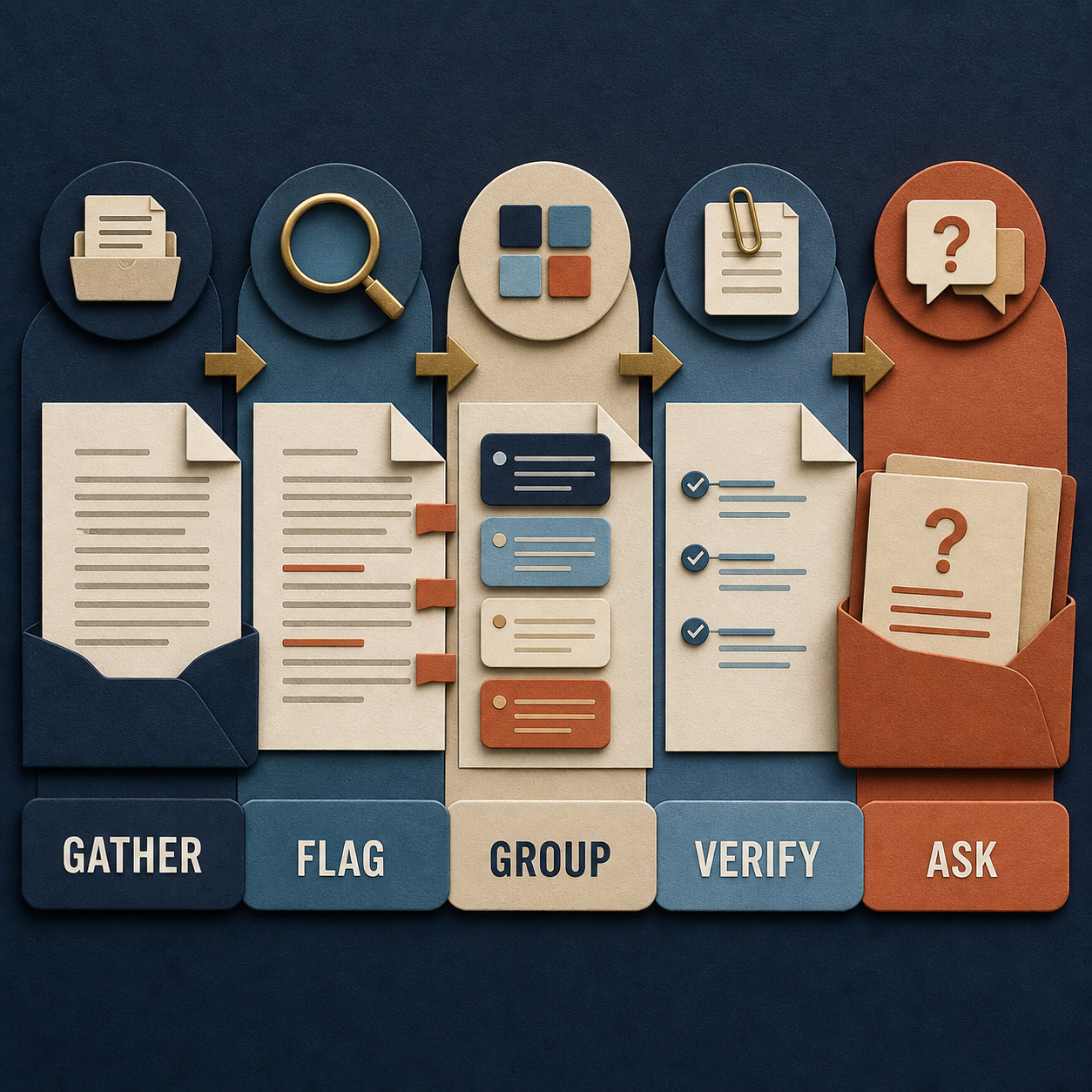 Contract Review Question List Generator method showing gather, flag, group, verify, and ask
