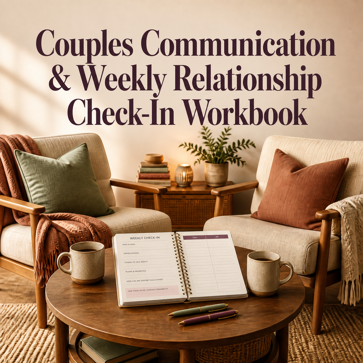 Couples Communication and Weekly Relationship Check-In Workbook cover with a shared planning scene
