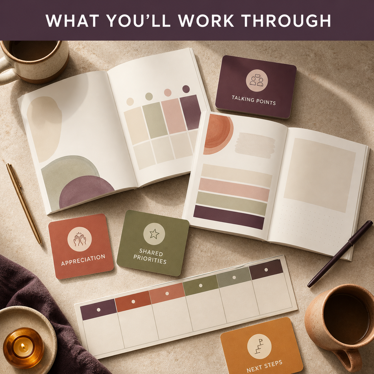 Couples workbook contents overview showing appreciation, talking points, shared priorities, and next steps
