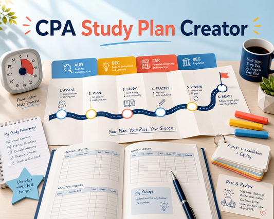 CPA Study Plan Creator cover showing AUD, BEC, FAR, and REG study tabs, a flexible assess-to-adapt roadmap, study timer, ledger workbook, preferences, and rest-and-review notes.