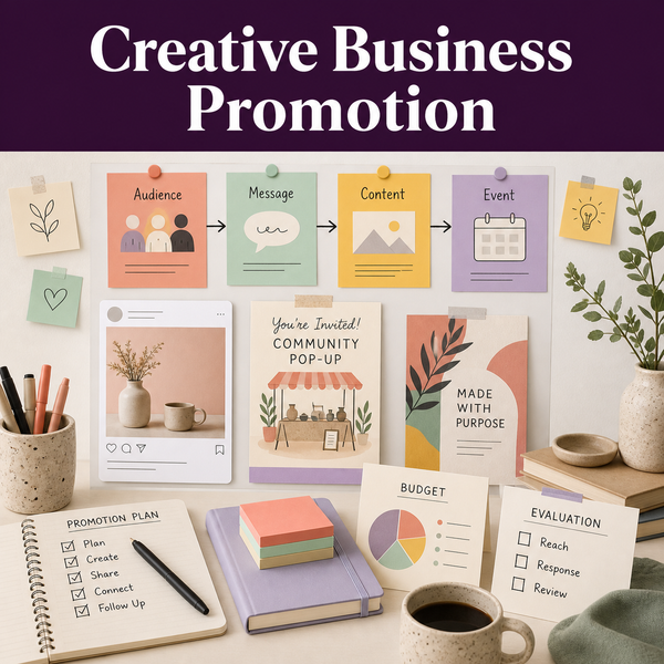 Creative business promotion guide for planning audience, messaging, content, events, budget, and campaign evaluation.